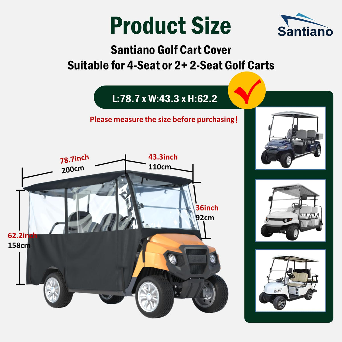 Santiano golf cart cover fastening system highlights secure fit during storms.