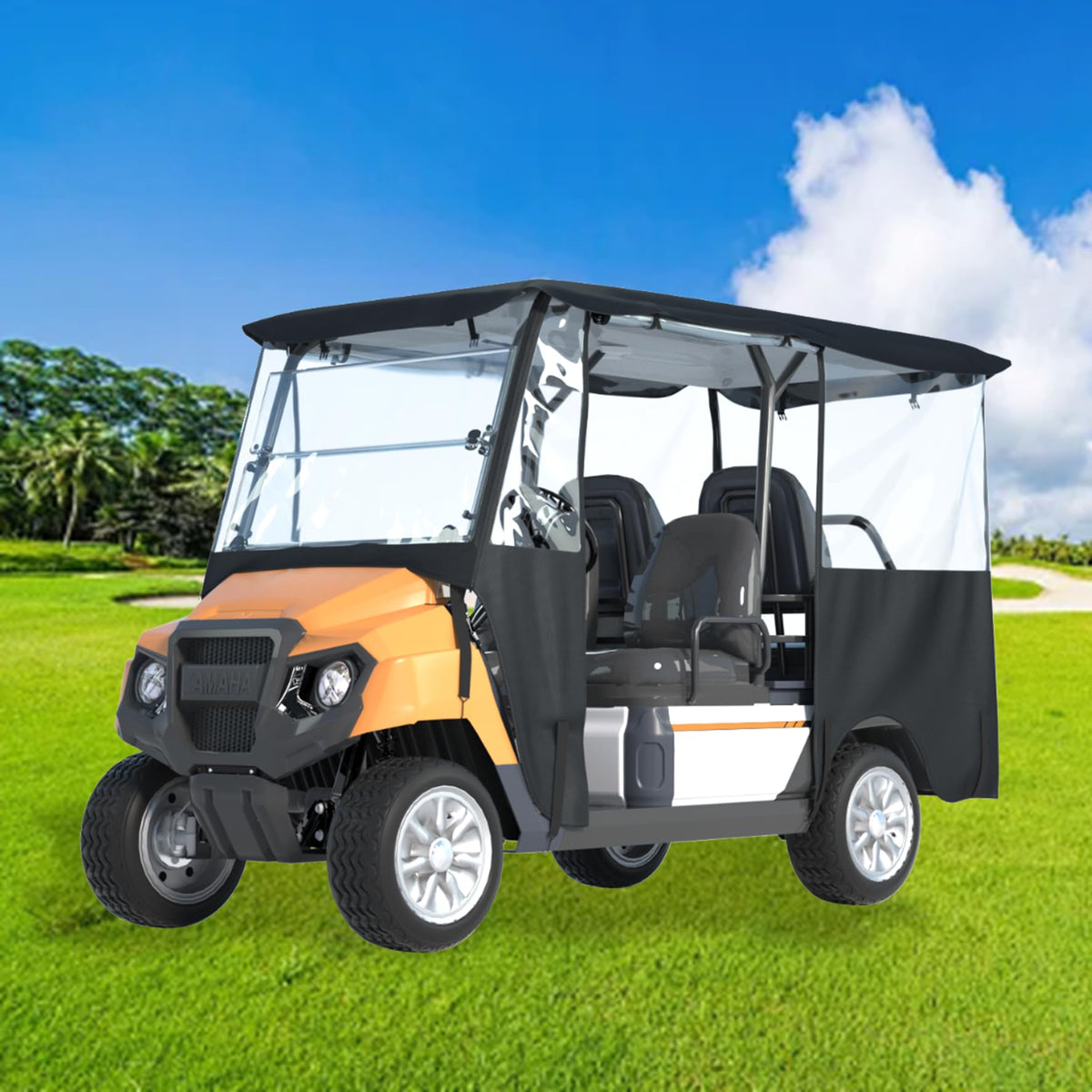 Santiano golf cart cover top view showing full-coverage protection for EZGO and Yamaha carts.