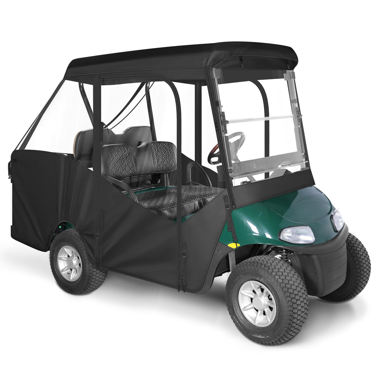 SANXIACAR EZGO RXV enclosure front view with four clear panels and year-round protection