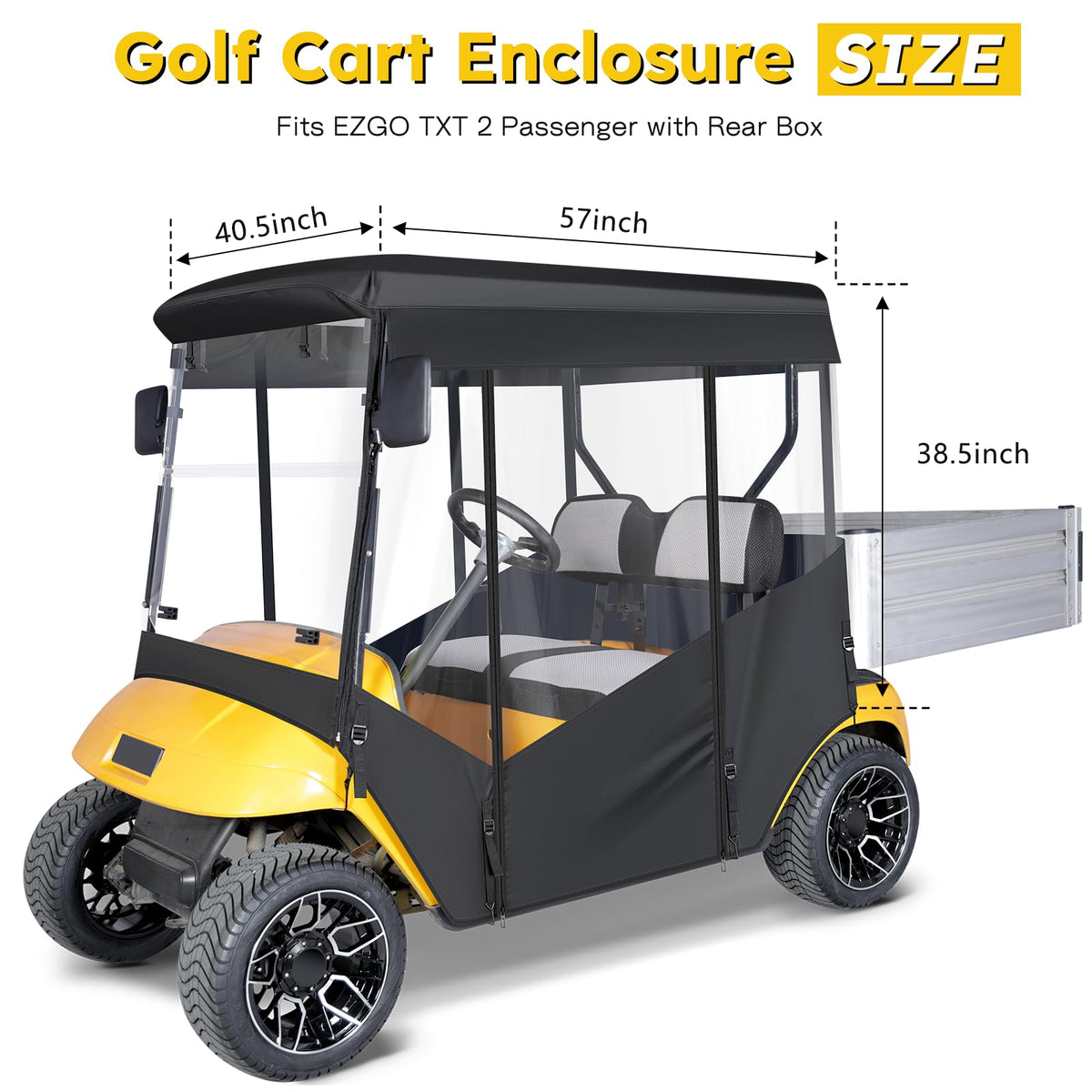 EZGO TXT enclosure showcases 57-5-inch roof and rear box for quick setup.