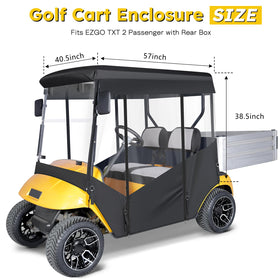 EZGO TXT enclosure showcases 57-5-inch roof and rear box for quick setup.
