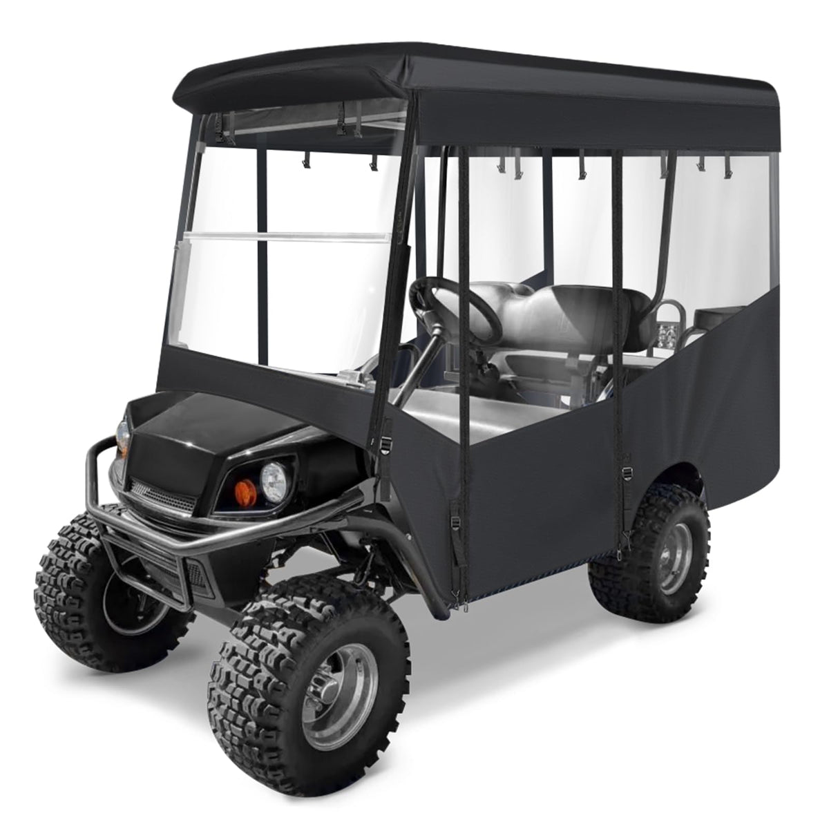 SANXIACAR enclosure front view for EZGO Express 4-Passenger showing four-sided weather protection.