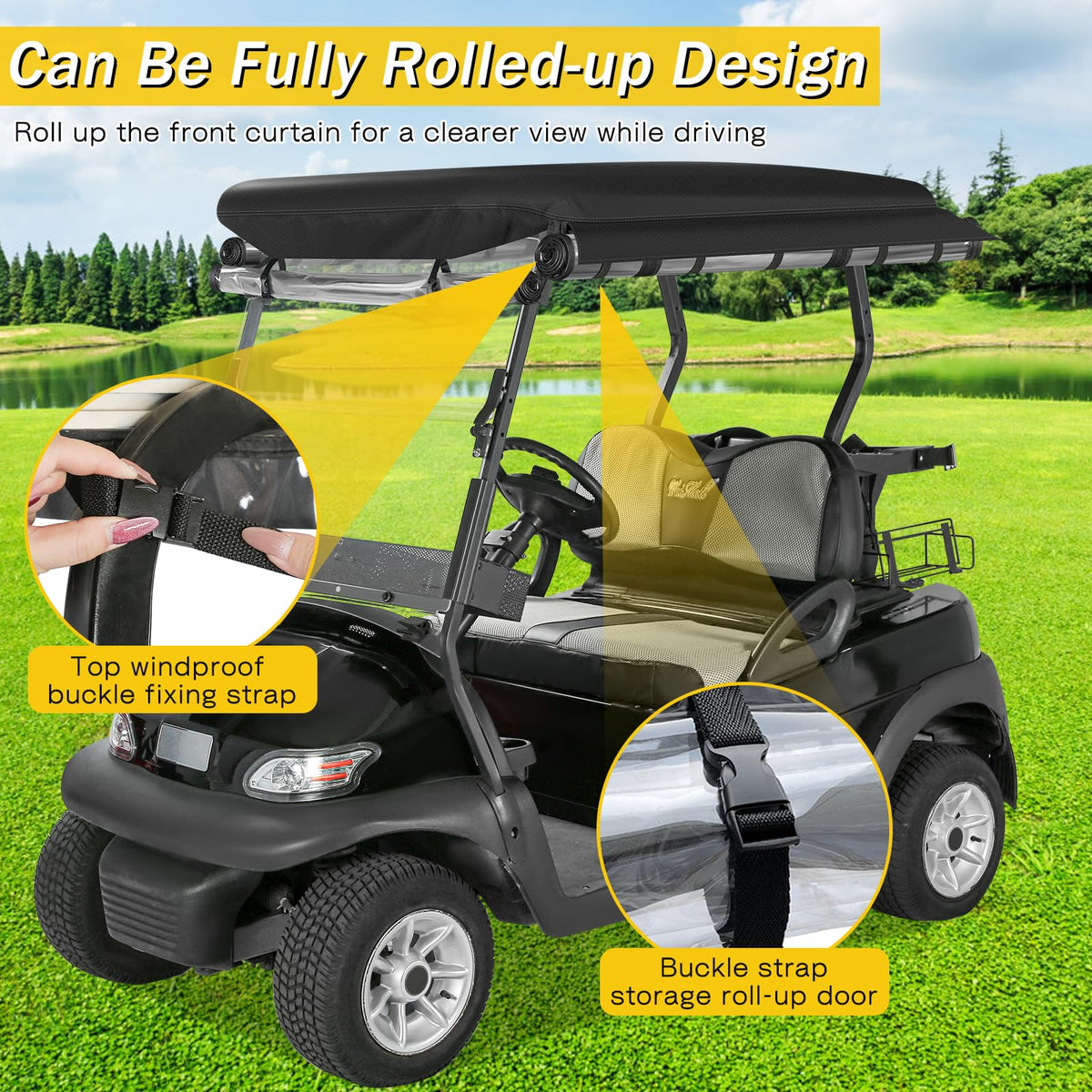 SANXIACAR golf cart enclosure rolled-up windows enable ventilation and quick entry.