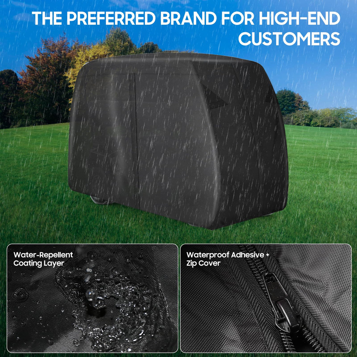 SaolGllS golf cart cover waterproof material shown in rain and sun