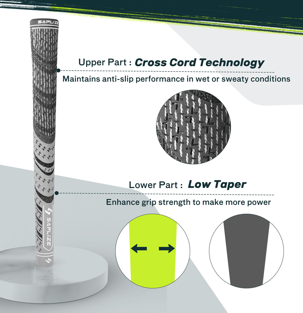 APLIZE cross-cord grips with textured upper surface for secure hold
