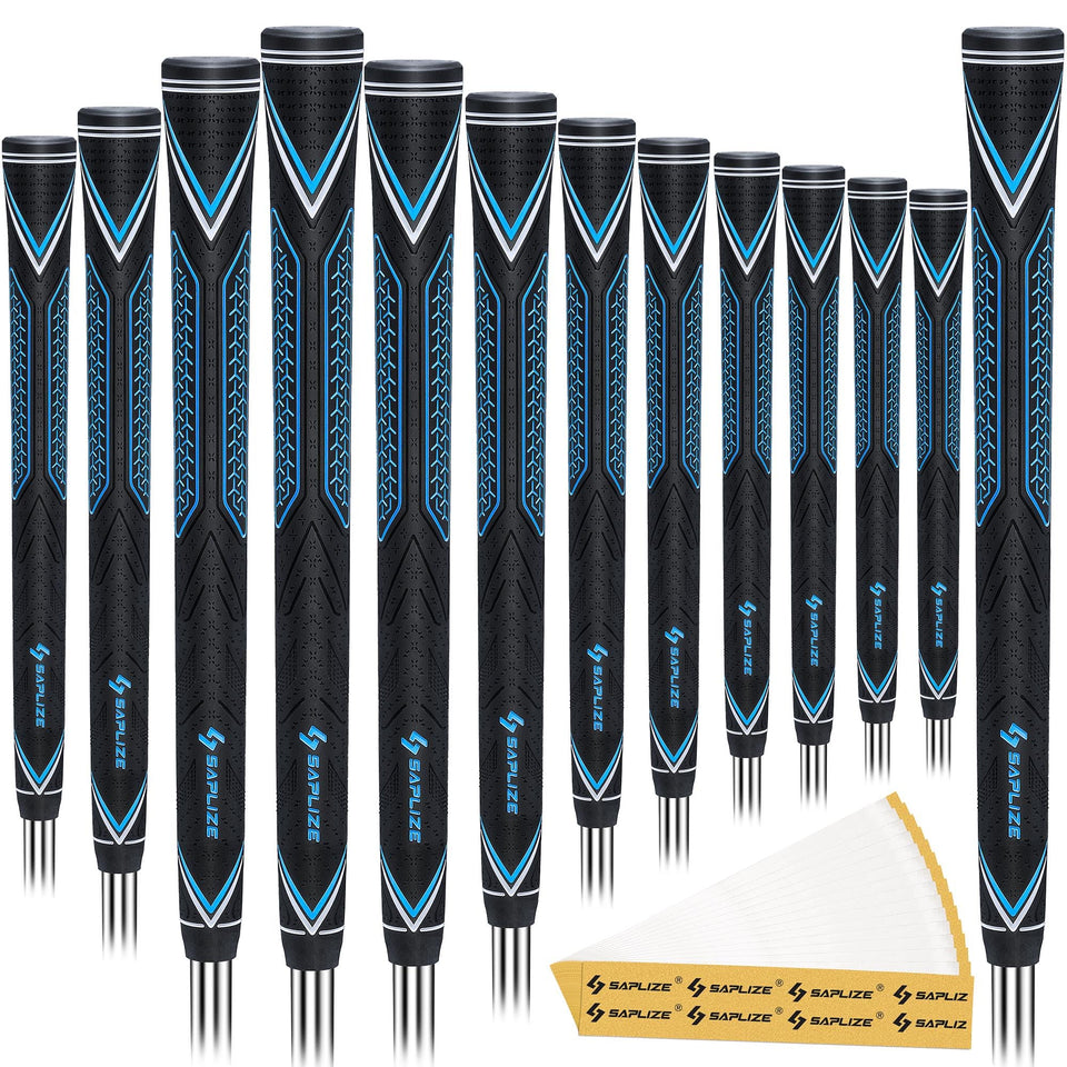 SAPLIZE CC10 blue mid-size golf grip close-up showing secure traction for stable swings