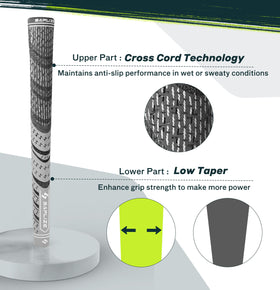 SAPLIZE Cross Cord Golf Grips standard grey side view showing even grip pressure potential