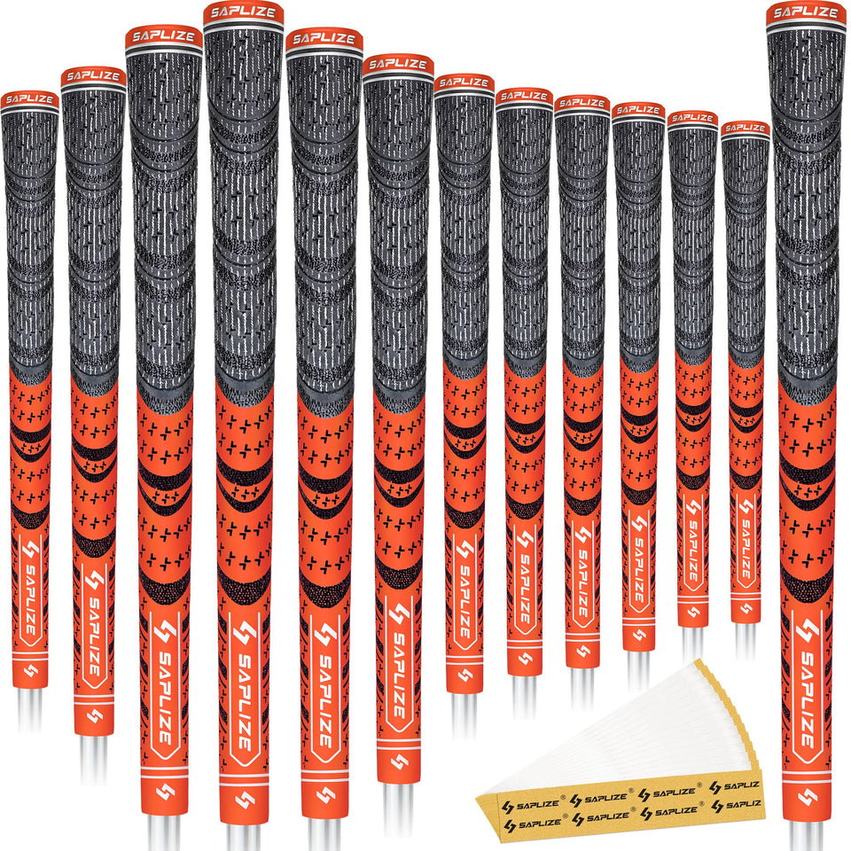 SAPLIZE Cross Cord Golf Grips orange pack shows a reliable anti-slip grip for all-weather play.