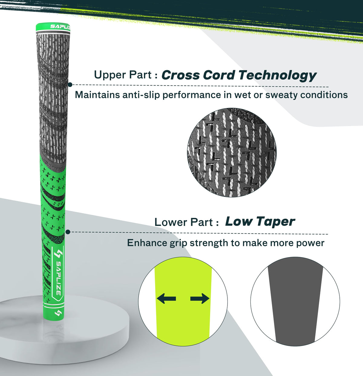 SAPLIZE Cross Cord Golf Grips lower-part focus enhances feel and control during follow-through.