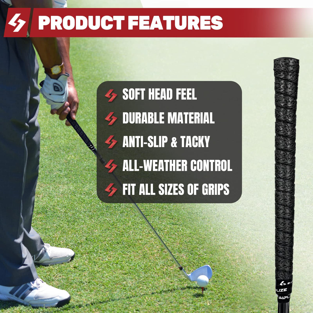 SAPLIZE wrapping tapes on different clubs confirm universal fit.