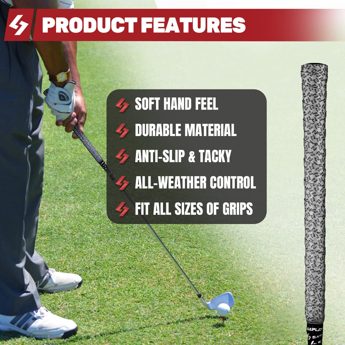 SAPLIZE wrap fits all clubs and sizes with adjustable length