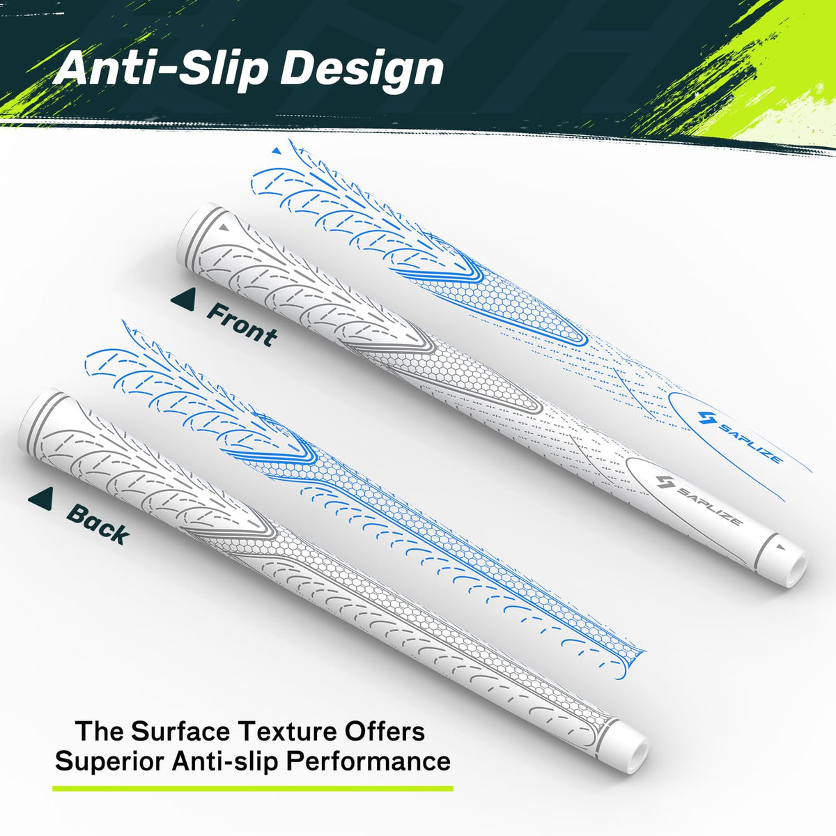 SAPLIZE Golf Grips four sizes under/standard/mid/jumbo for precise fit.