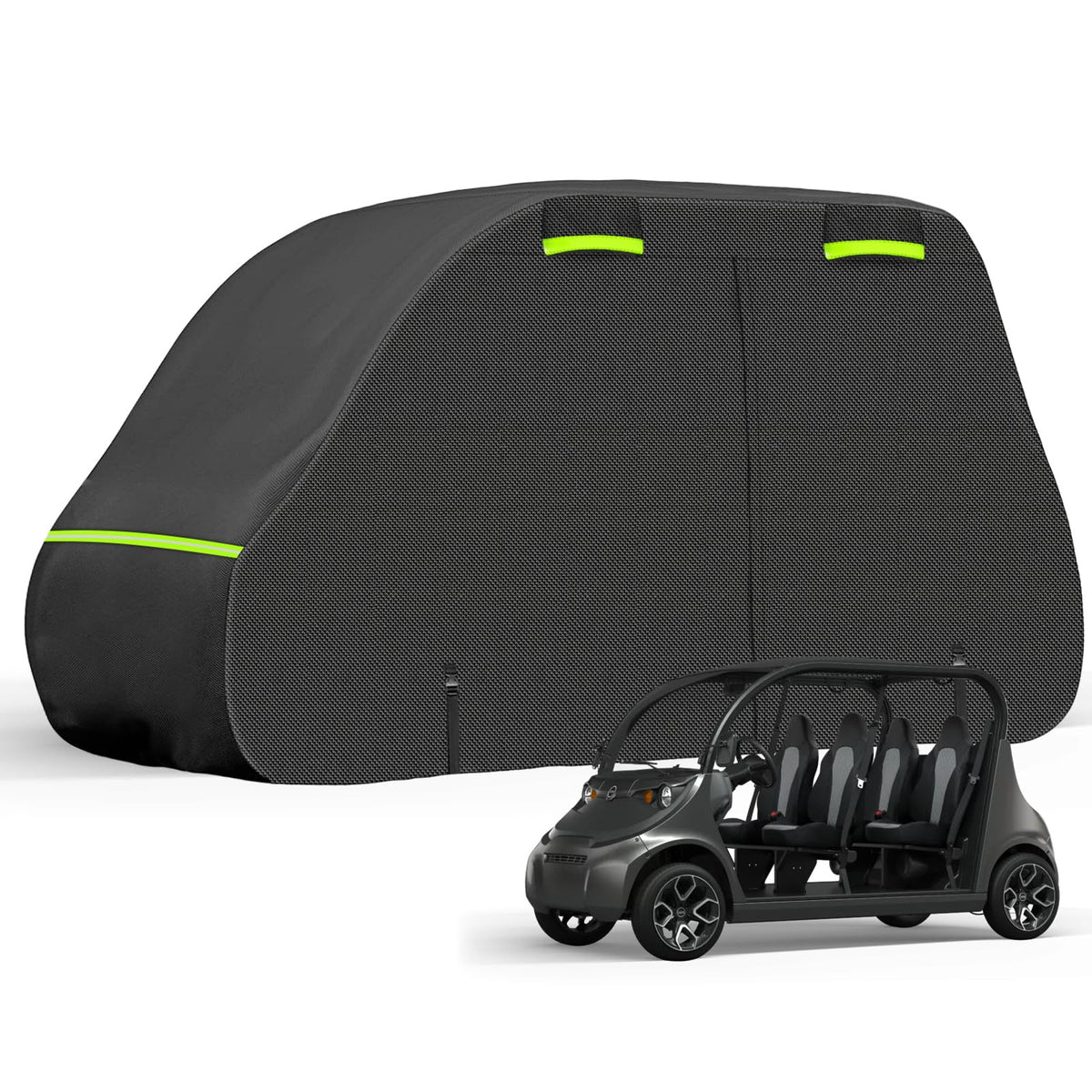 SAPUBK 4-seat golf cart cover with custom fit protects GEM E4 from rain.
