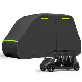 SAPUBK 4-seat golf cart cover with custom fit protects GEM E4 from rain.