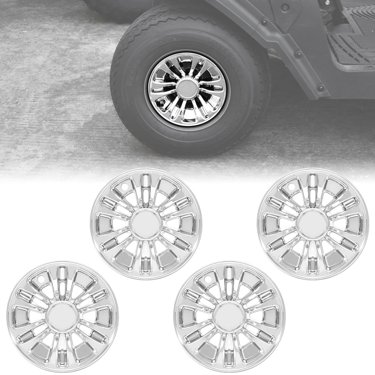 SAUTVS 8-inch hub cap front view shows durable electroplating shine