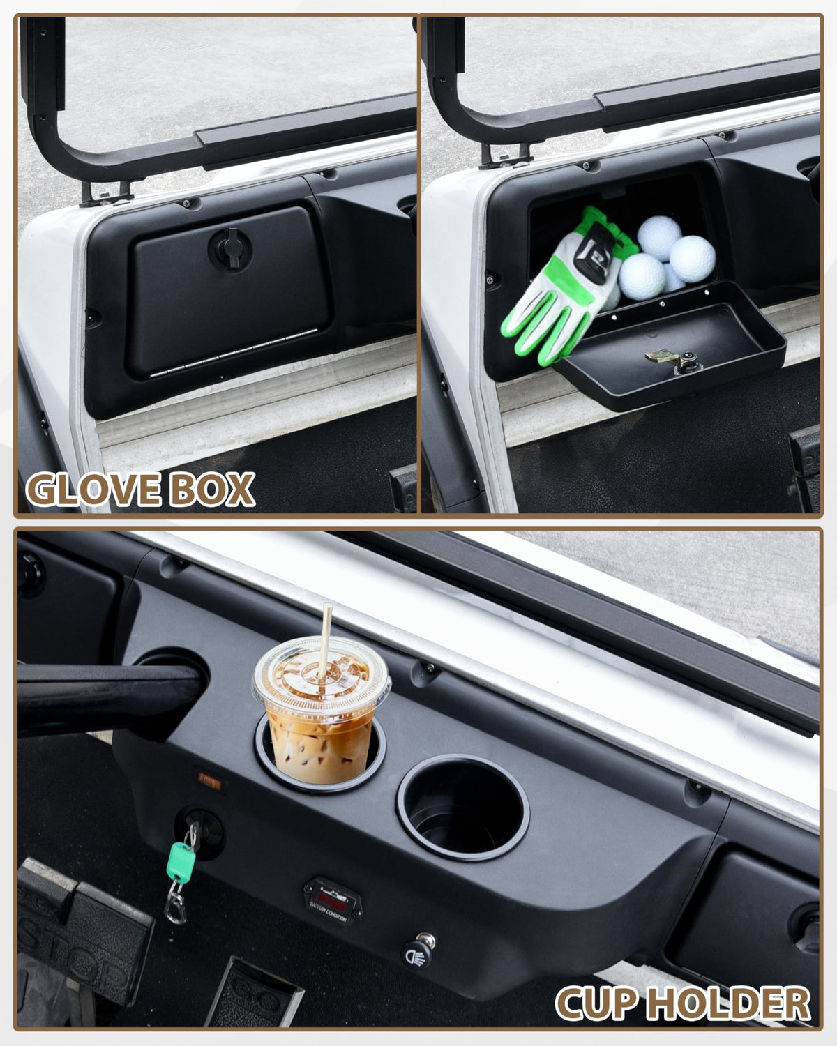 SAUTVS cup holder integration keeps beverages secure on bumpy courses.