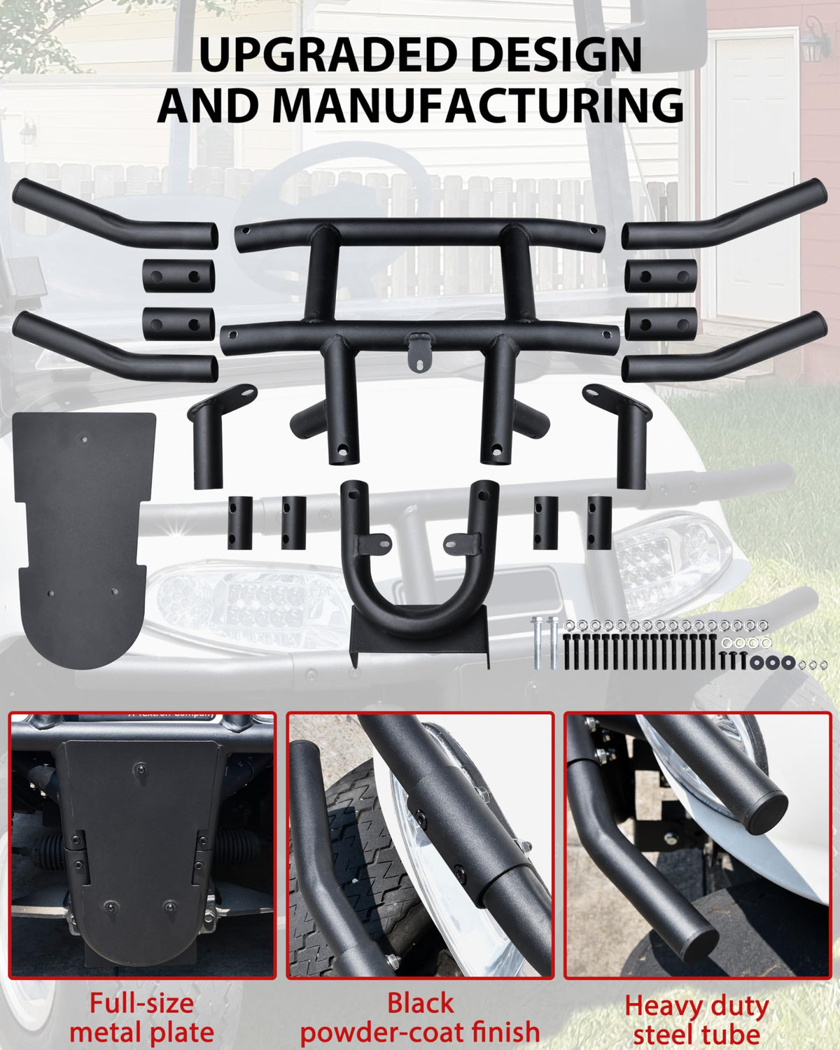 SAUTVS easy-install front guard mounted on EZ-GO RXV without drilling.