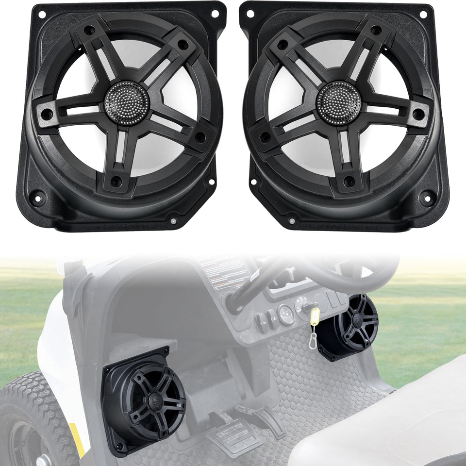 SAUTVS EZGO Valor 2025 under-dash speaker pod front view directs sound toward riders.