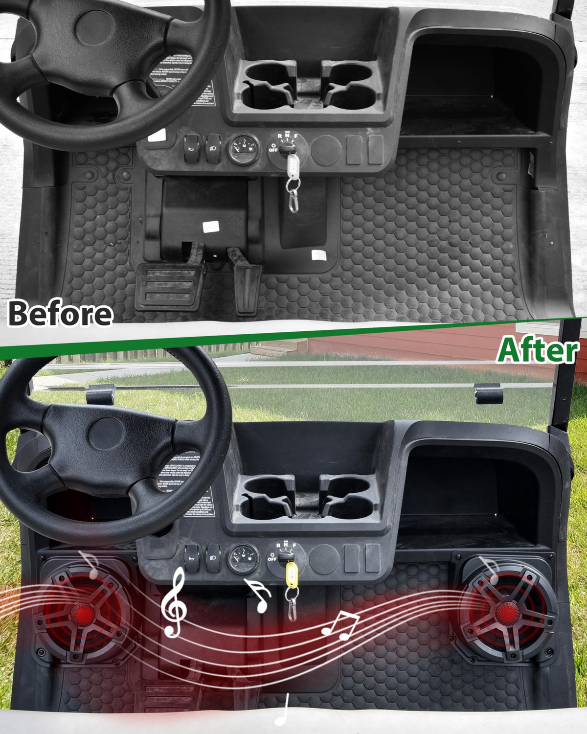 SAUTVS EZGO Valor 2025 under-dash pod side angle shows compact front-mount design.