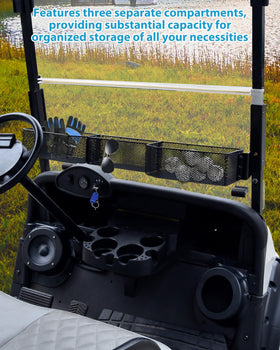 SAUTVS front storage basket shows durable metal construction with black powder coating.