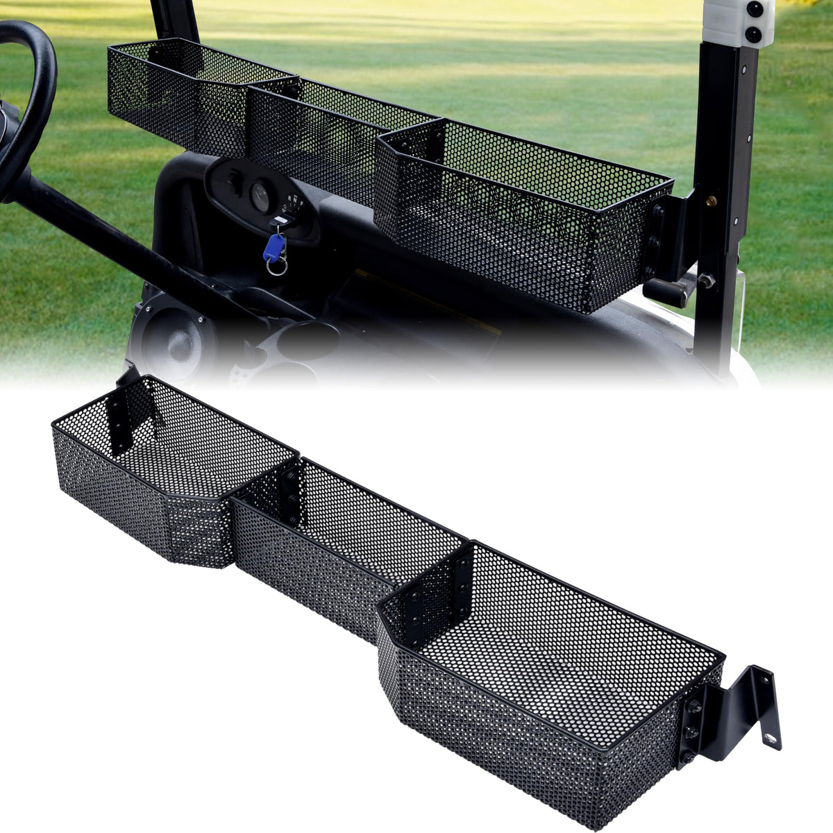 SAUTVS inner front storage basket on EZ-GO RXV 2008+ front view; organized compartments.