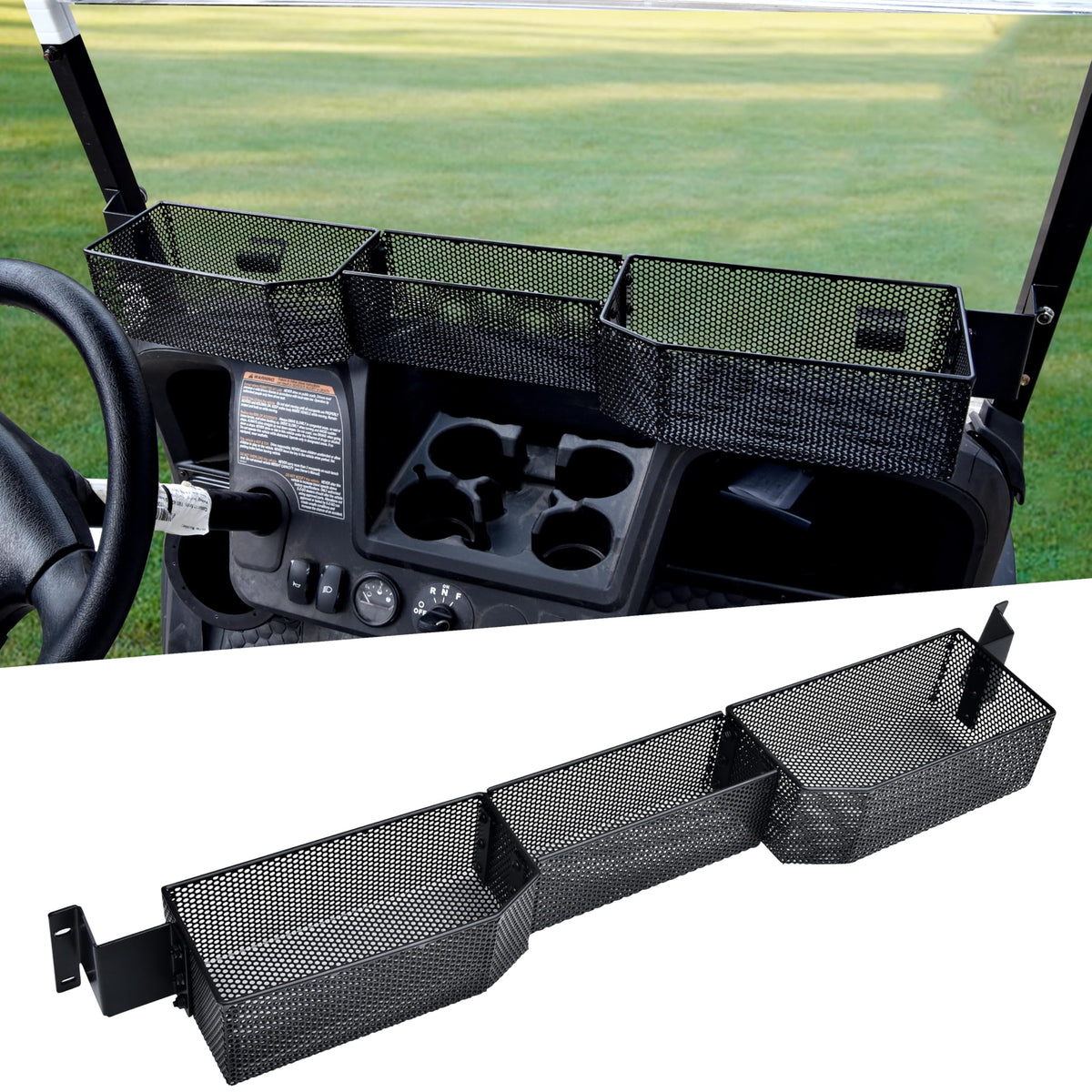 SAUTVS inner front storage basket for EZGO Valor 2025 with three compartments keeps essentials organized.