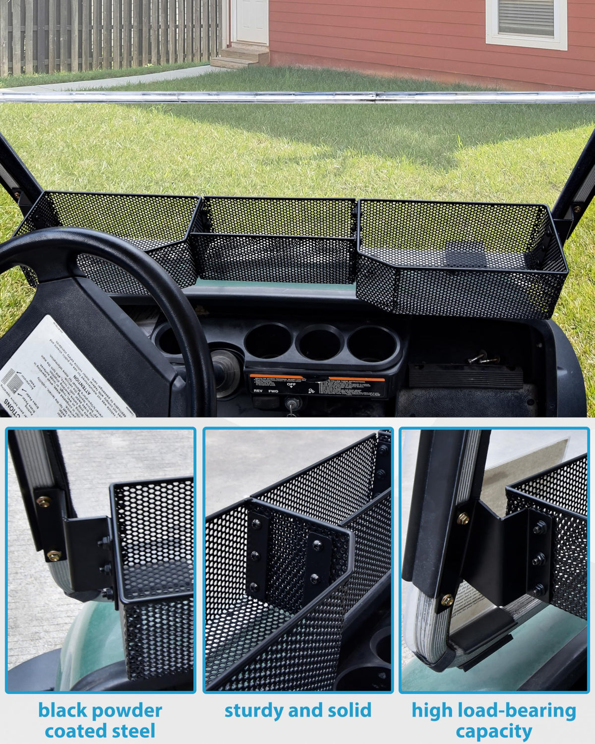 SAUTVS powder coated finish on front storage basket for Yamaha G14-G22