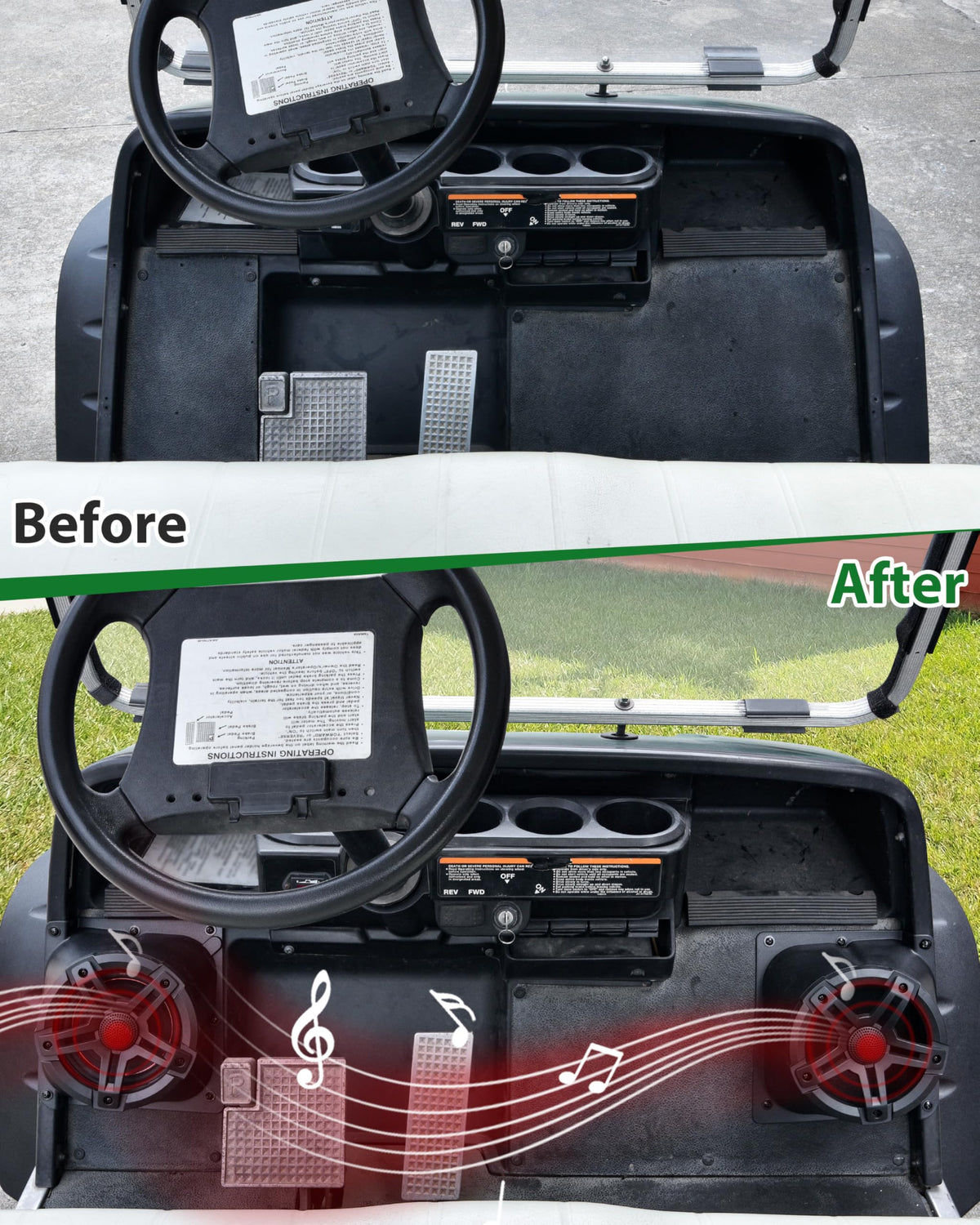 SAUTVS 6.5-inch pod installed on Yamaha G16 directs sound toward passengers.