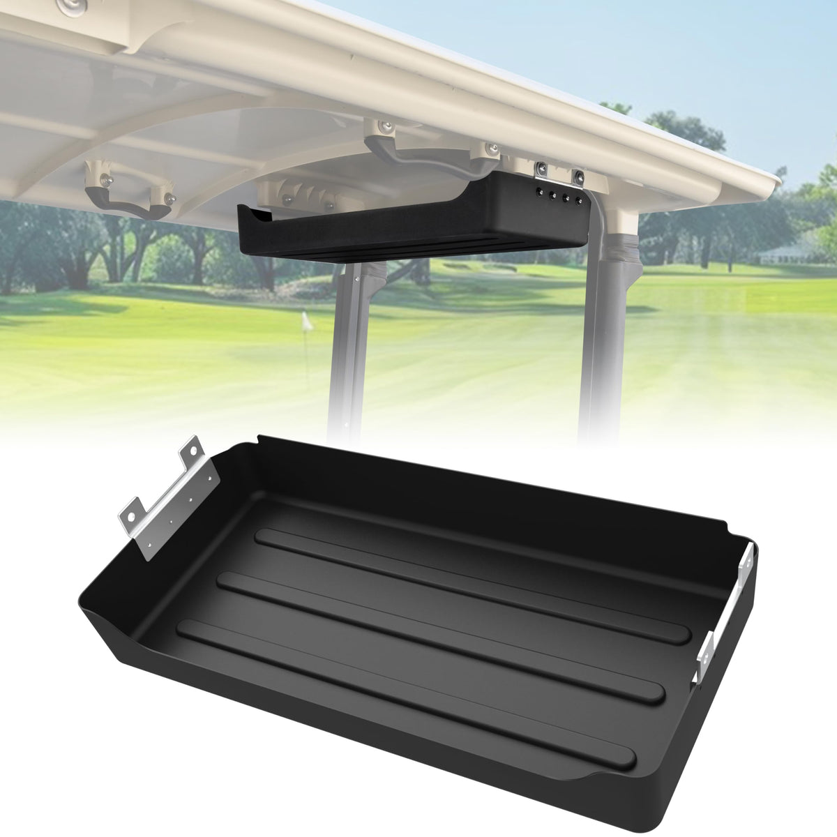 SAUTVS rear overhead storage tray mounted on Yamaha Drive2 G29 for clutter-free rounds.