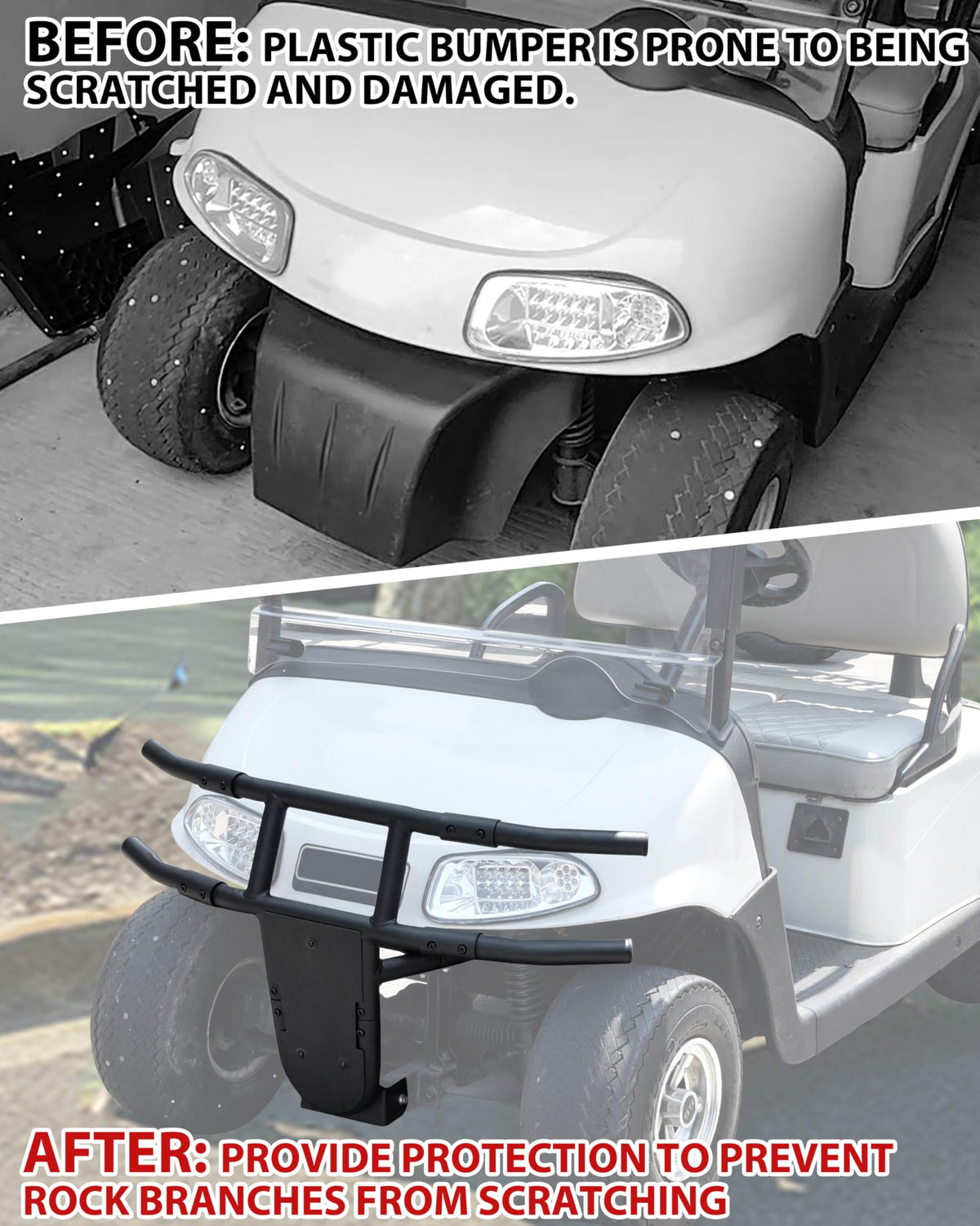 SAUTVS steel-tube front bumper on EZ-GO RXV adds rugged protection and style.