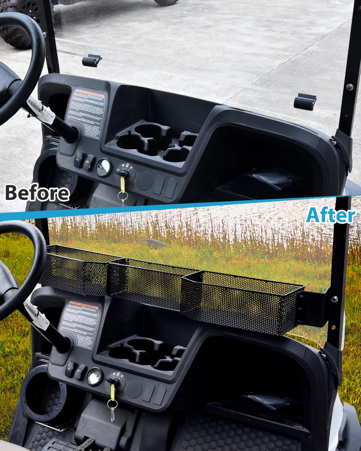 SAUTVS front storage basket shows a sturdy metal frame with a black powder coating.