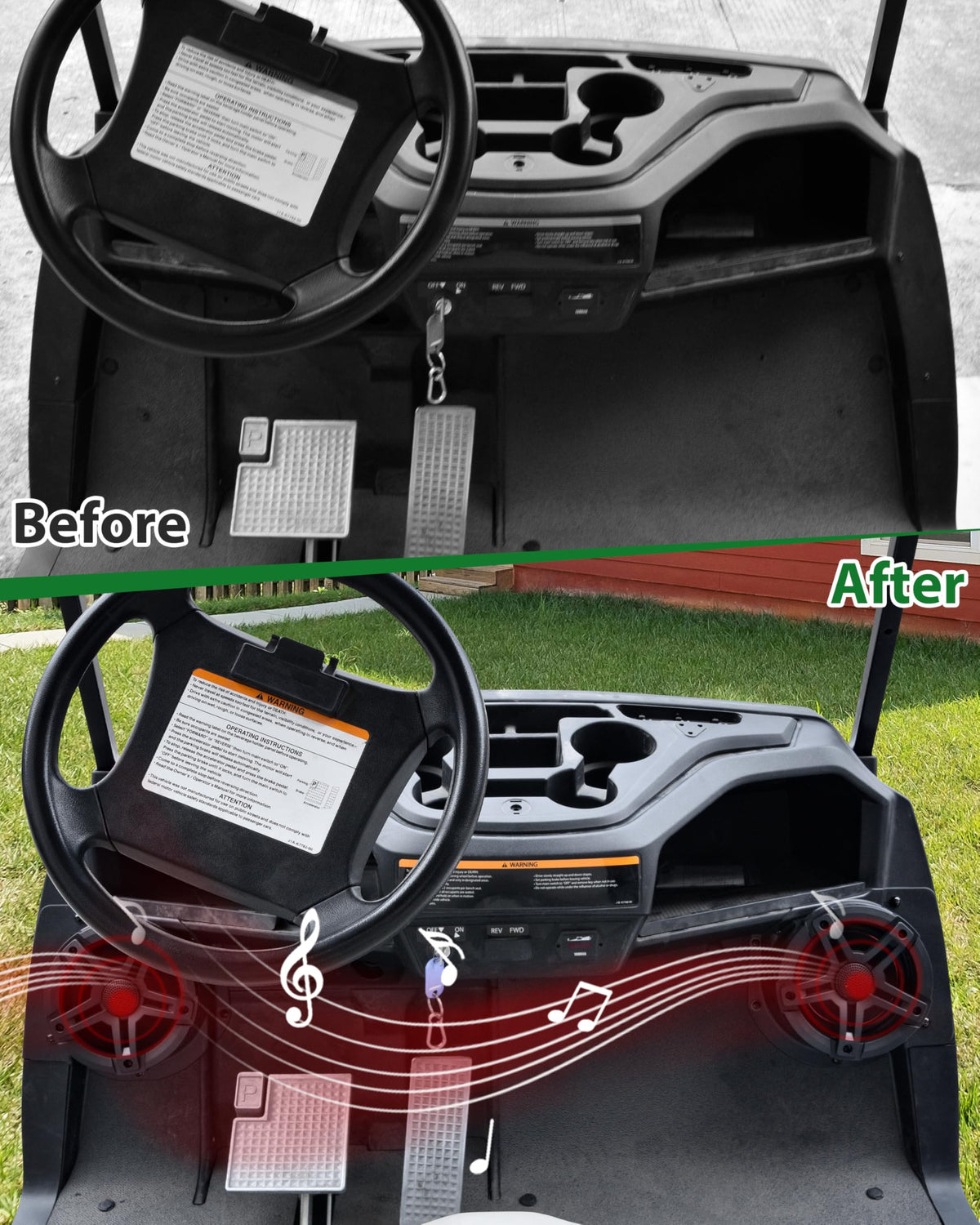SAUTVS under-dash kick speaker pod with installation guide demonstrating easy mounting.