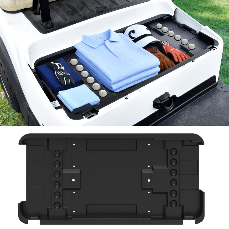 SAUTVS underseat storage tray installed in Club Car Tempo for compact, accessible storage.
