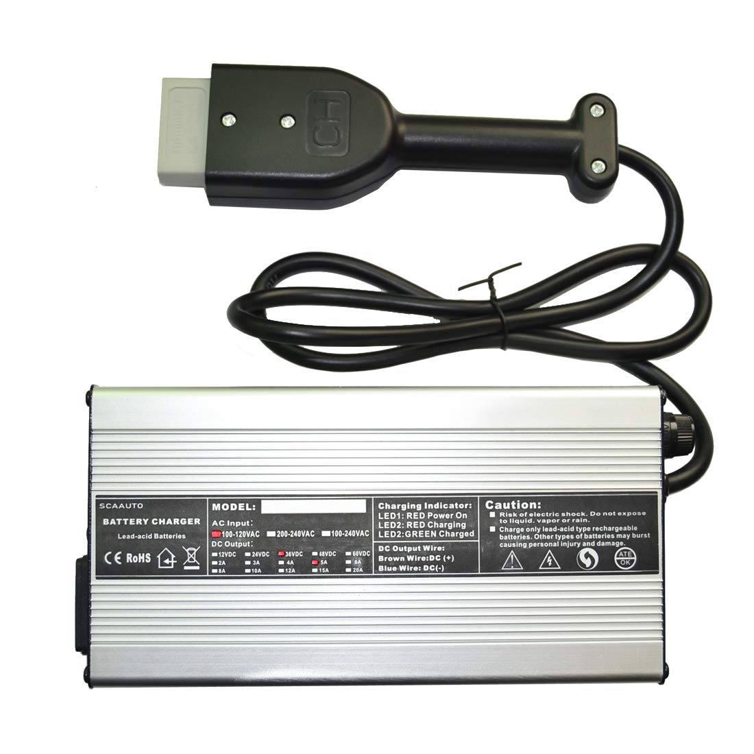 ScaAuto 36V 5A charger with Anderson SB50 and handle for easy overnight charging.