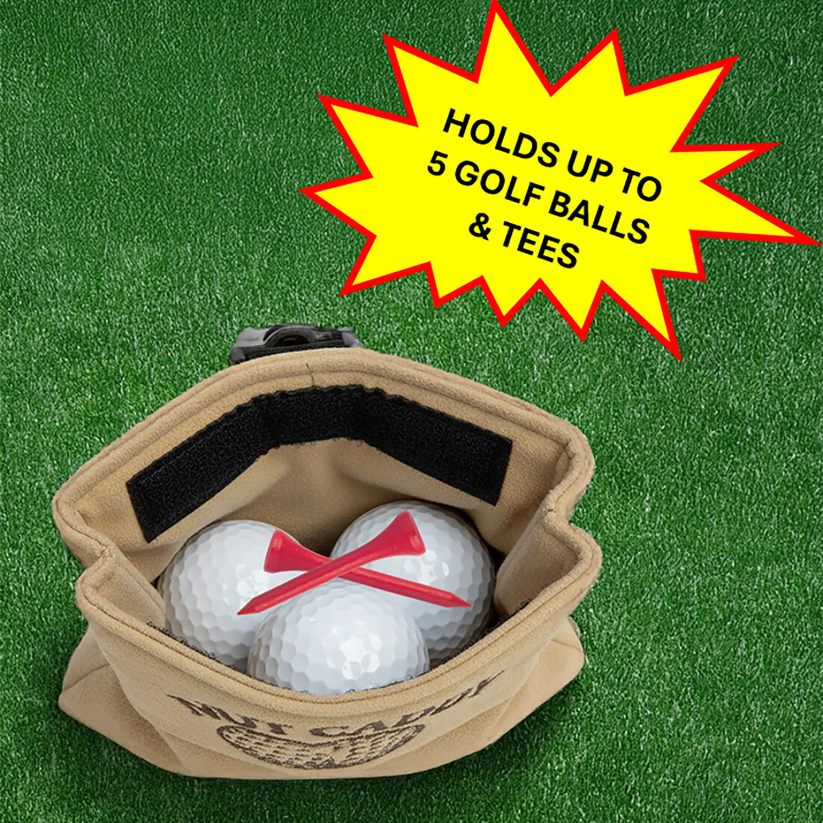 Scale Wear Design Nut Caddy Pouch attached to golf bag for easy reach.