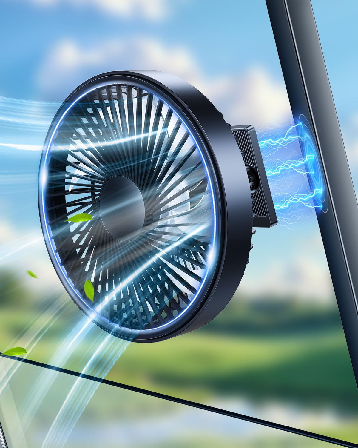 scenein rechargeable magnetic golf cart fan base secured to metal frame for steady airflow