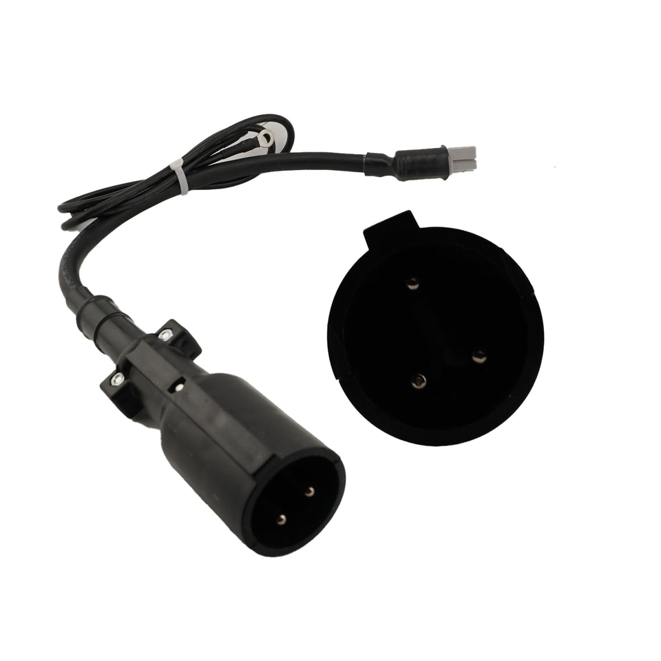 Schauer battery-to-charger adapter with a 3-pin round plug for Club Car 48V carts.