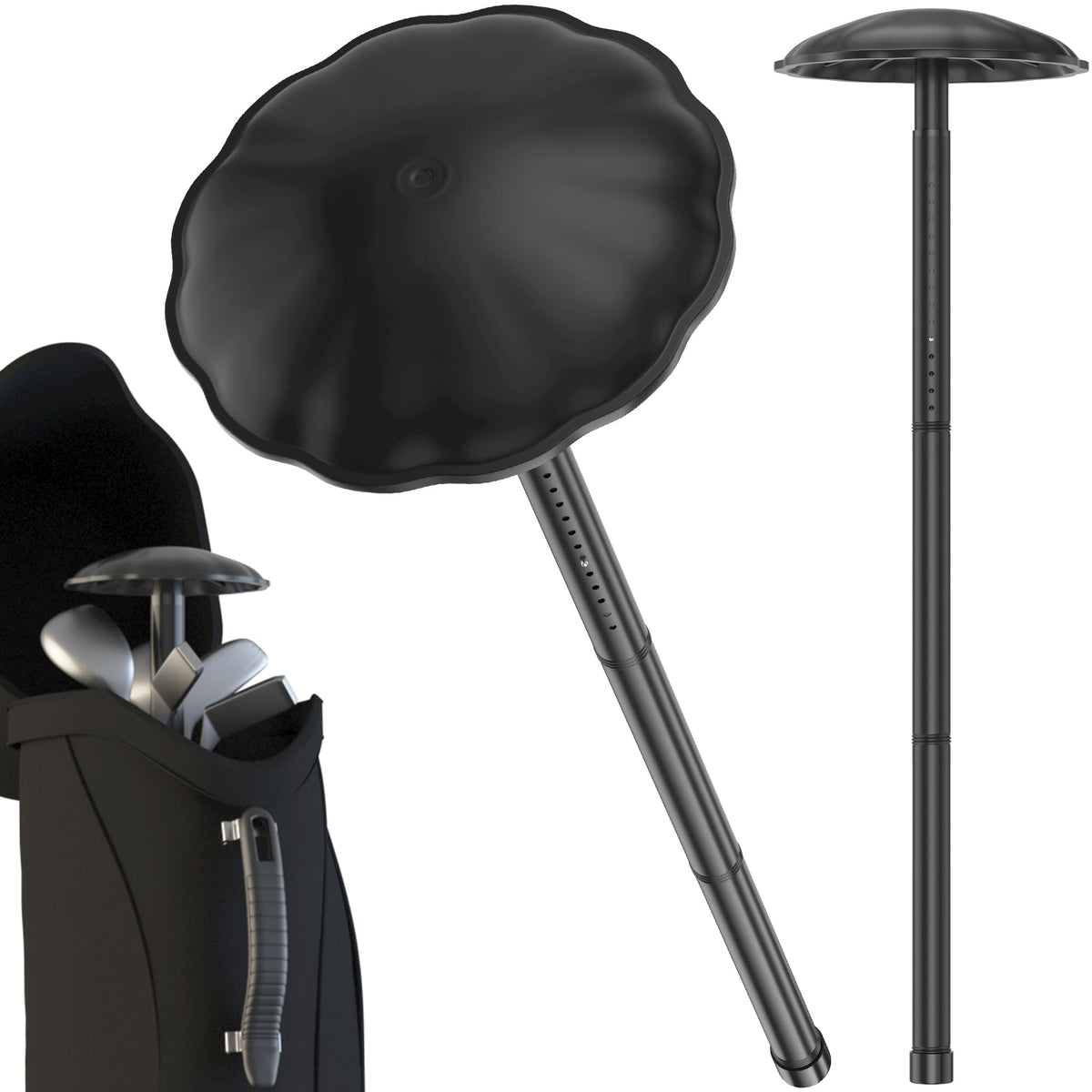Scisum golf travel pole with ABS cap stabilizes clubs during transit.