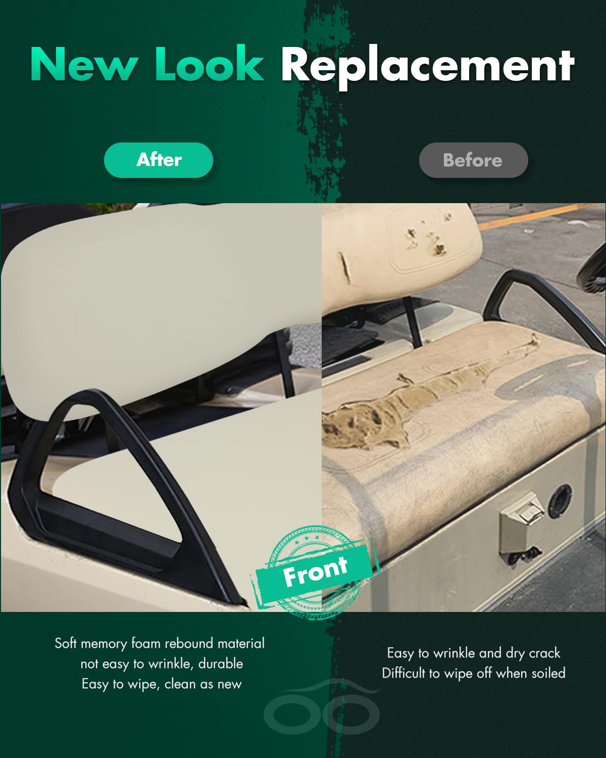 SCITOO Club Car DS front seat fits milky white cushion with clean, elegant look.