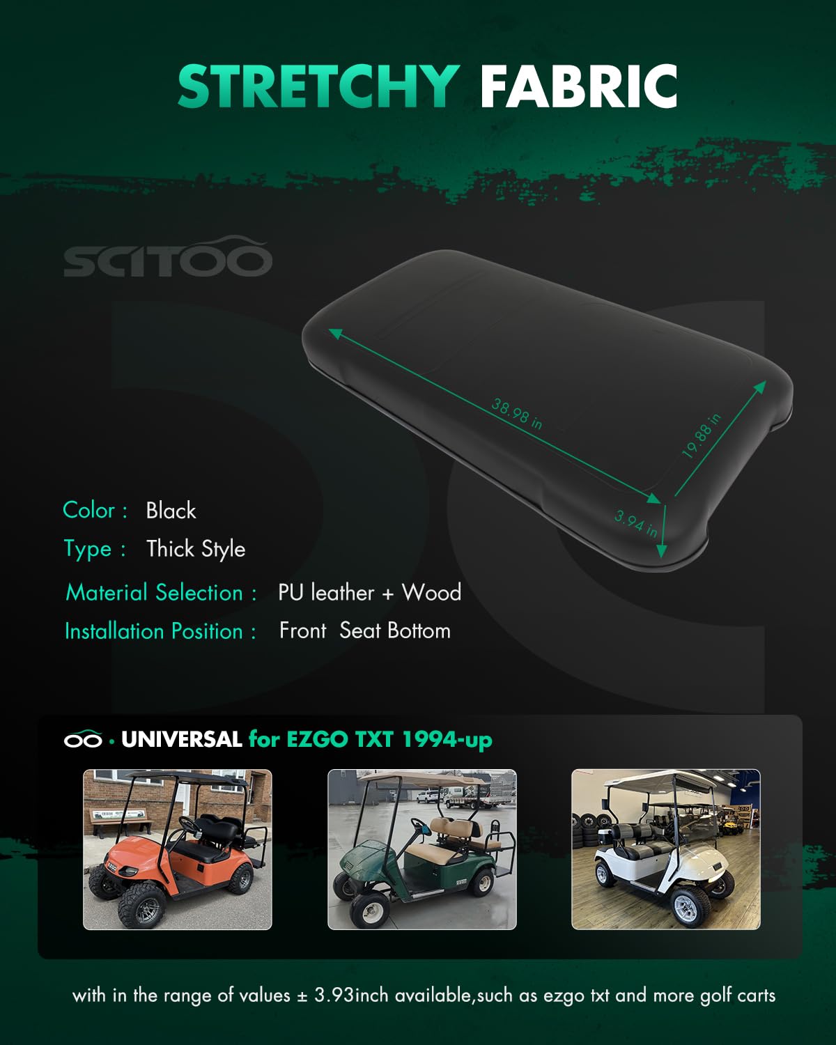 SCITOO EZGO TXT front seat bottom cushion close-up shows durable stitching and material.