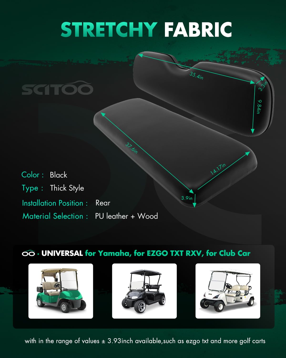 SCITOO golf cart back seat cushion with sleek black upholstery for comfort.