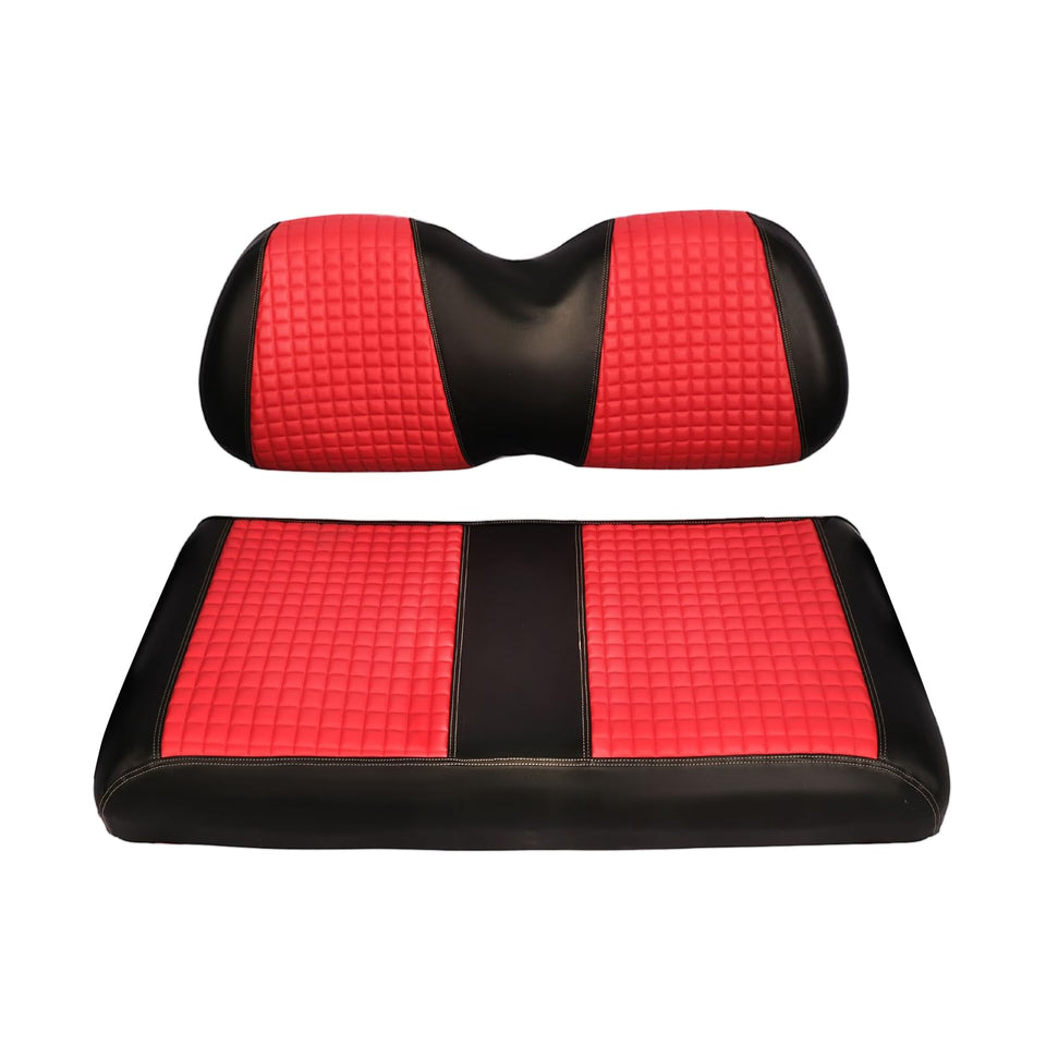 Scott Edward golf cart seat cover for EZGO with diamond red-black design offers durable protection.