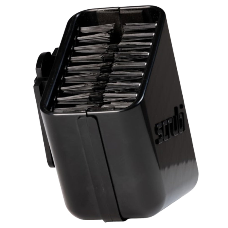 Scrubi golf club cleaner with brush attached to a bag for quick on-course cleaning.