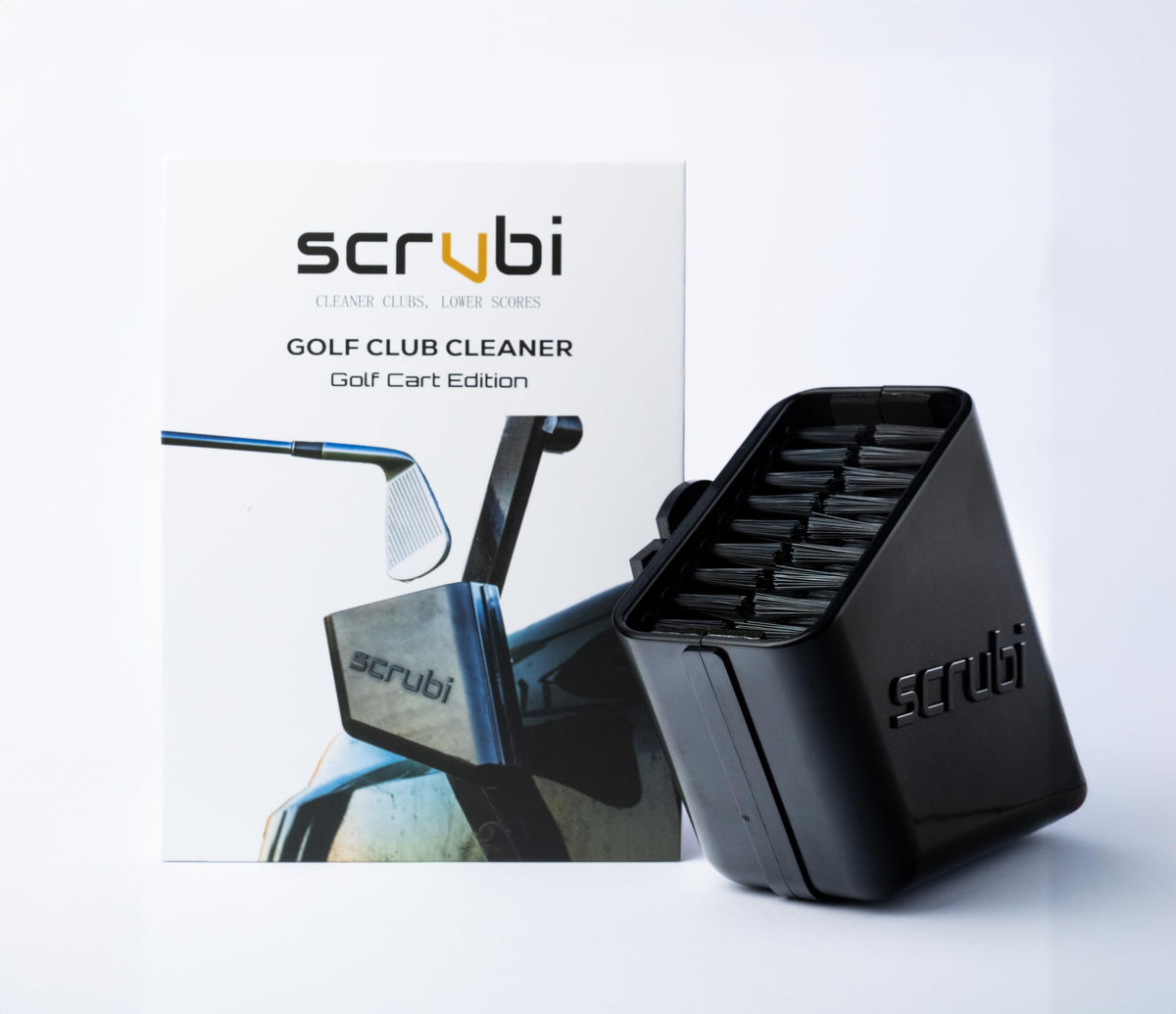 Scrubi golf club cleaner attached to a cart for quick on-course maintenance.