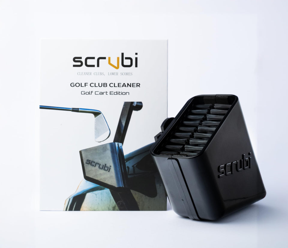 Scrubi golf club cleaner attached to a cart for quick on-course maintenance.