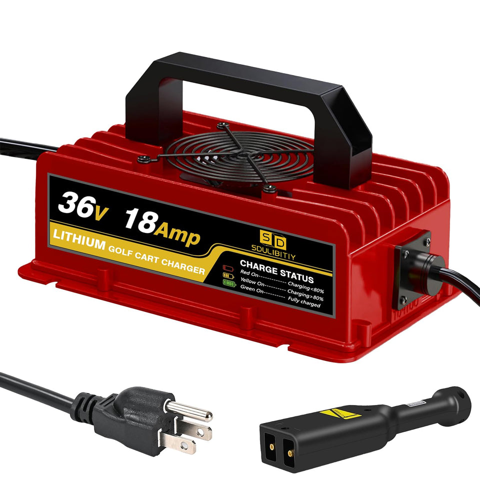 SDULIBITIY 36V charger front view, compact design for EZGO TXT carts.