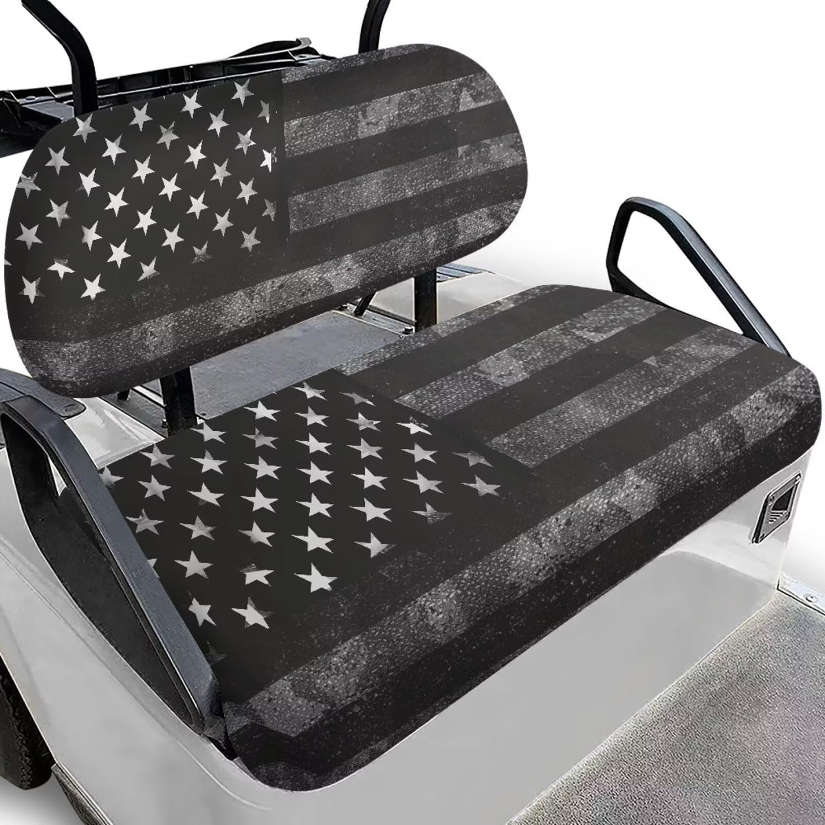 SEANATIVE American Flag golf cart seat cover on a two-seater provides all-weather protection.