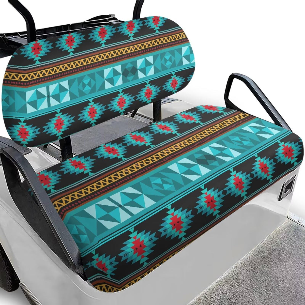 SEANATIVE Aztec turquoise seat cover on a golf cart provides stylish protection