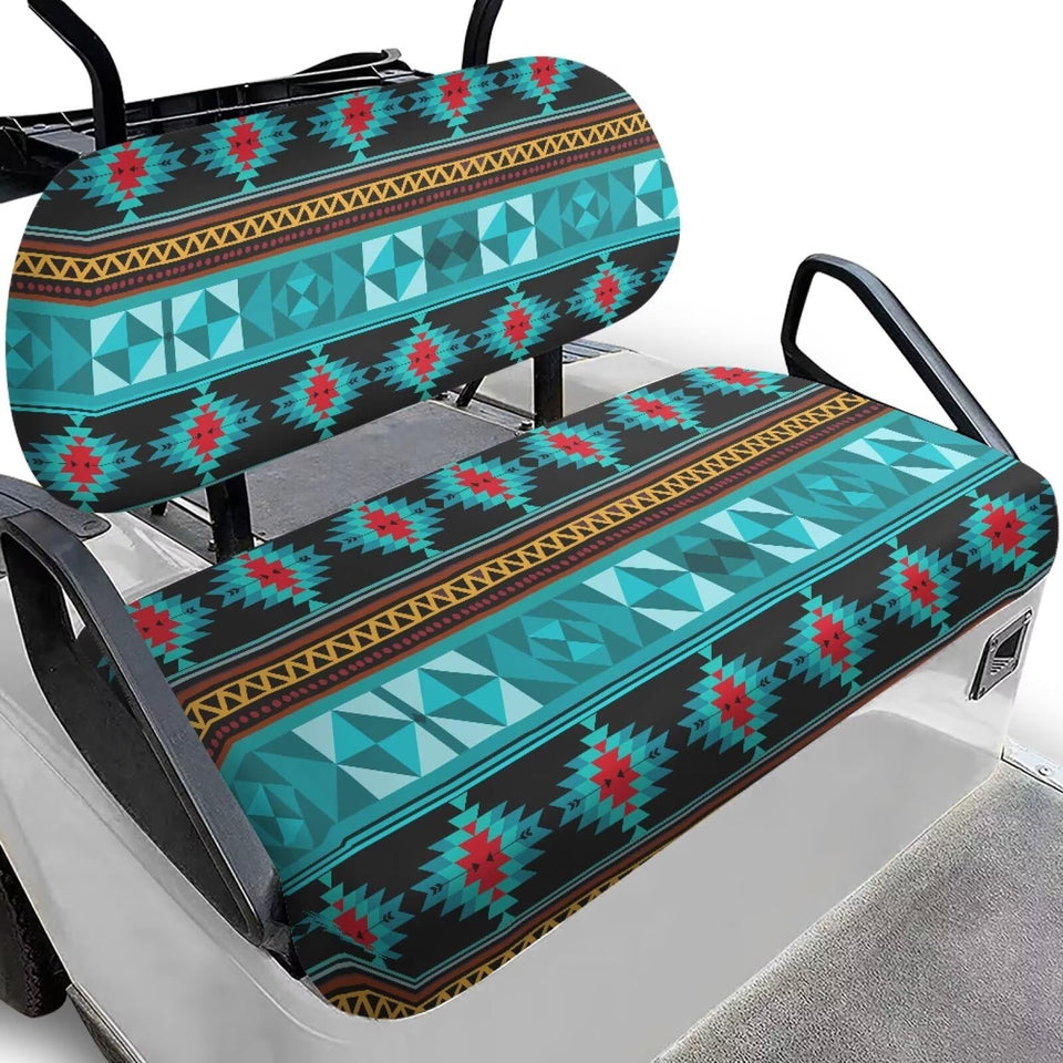 SEANATIVE Aztec turquoise seat cover on a golf cart provides stylish protection