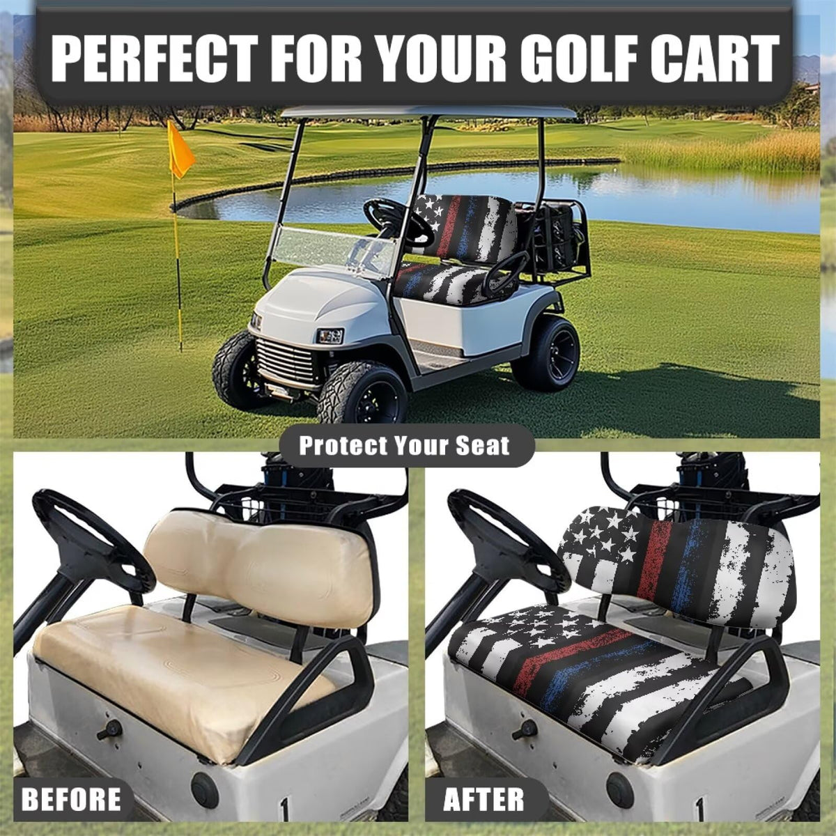 SEANATIVE universal-fit seat protector for most two-seat golf carts.